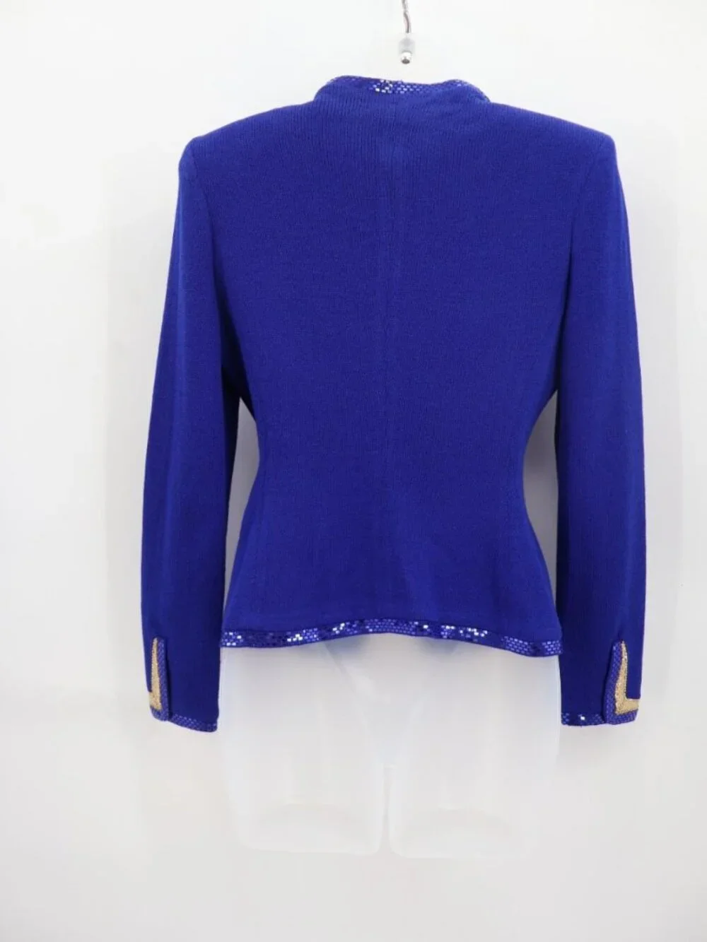 St. John Evening Blazer Size 2 Royal Blue Santana Knit Gold Sequin Trim Button - Picture 8 of 15